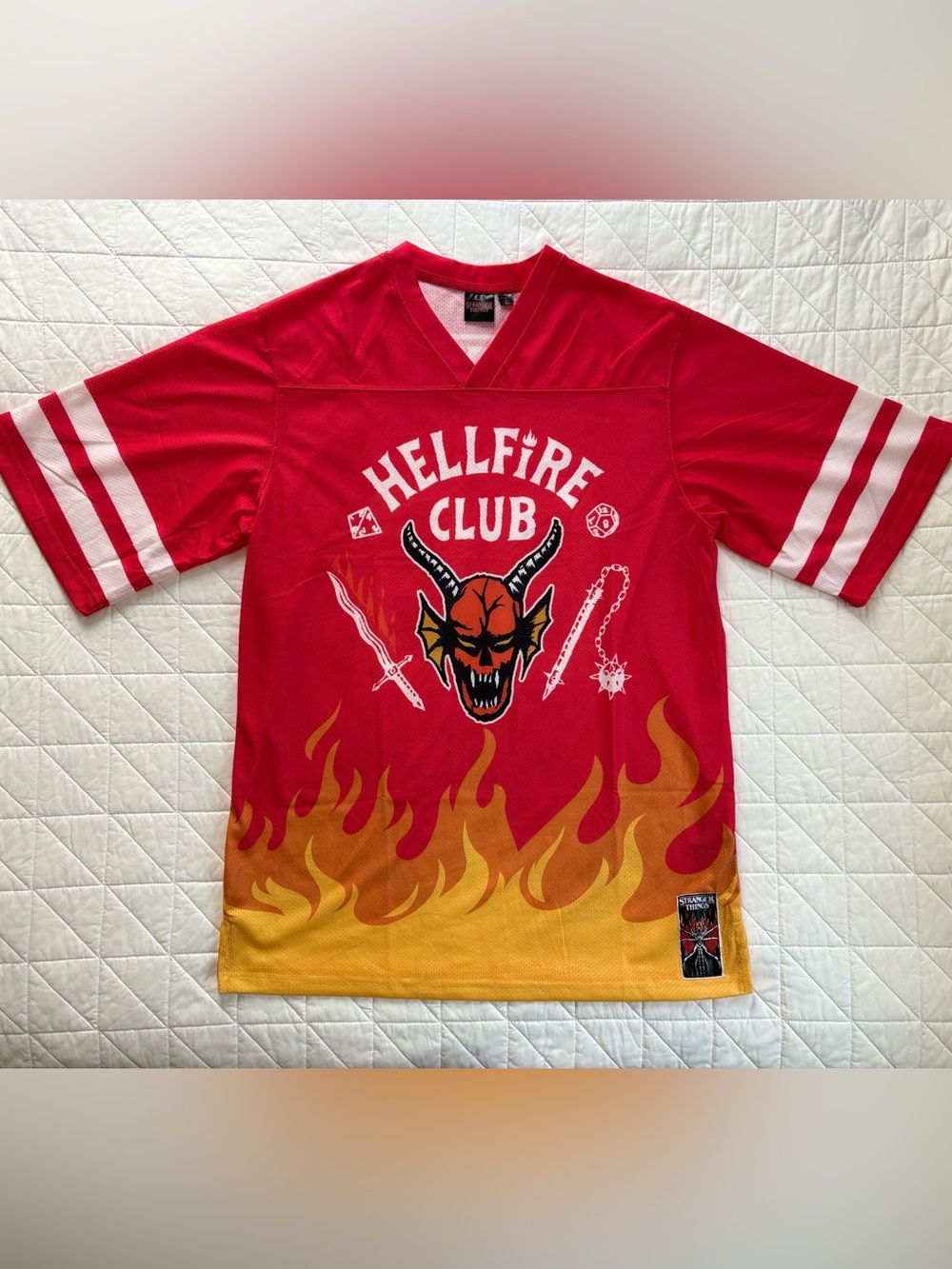 NWOT Official Stranger Things Hellfire Mesh Jersey Red Flame Graphic - Size M